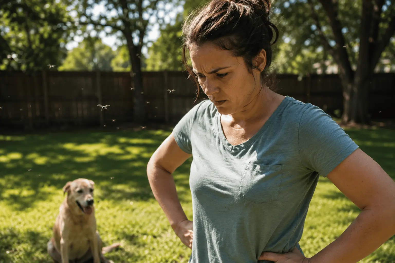 Frustrated homeowner standing in a backyard surrounded by flies with a dog nearby, illustrating how dog waste can attract flies and contribute to backyard pest problems in Bryan, Texas.